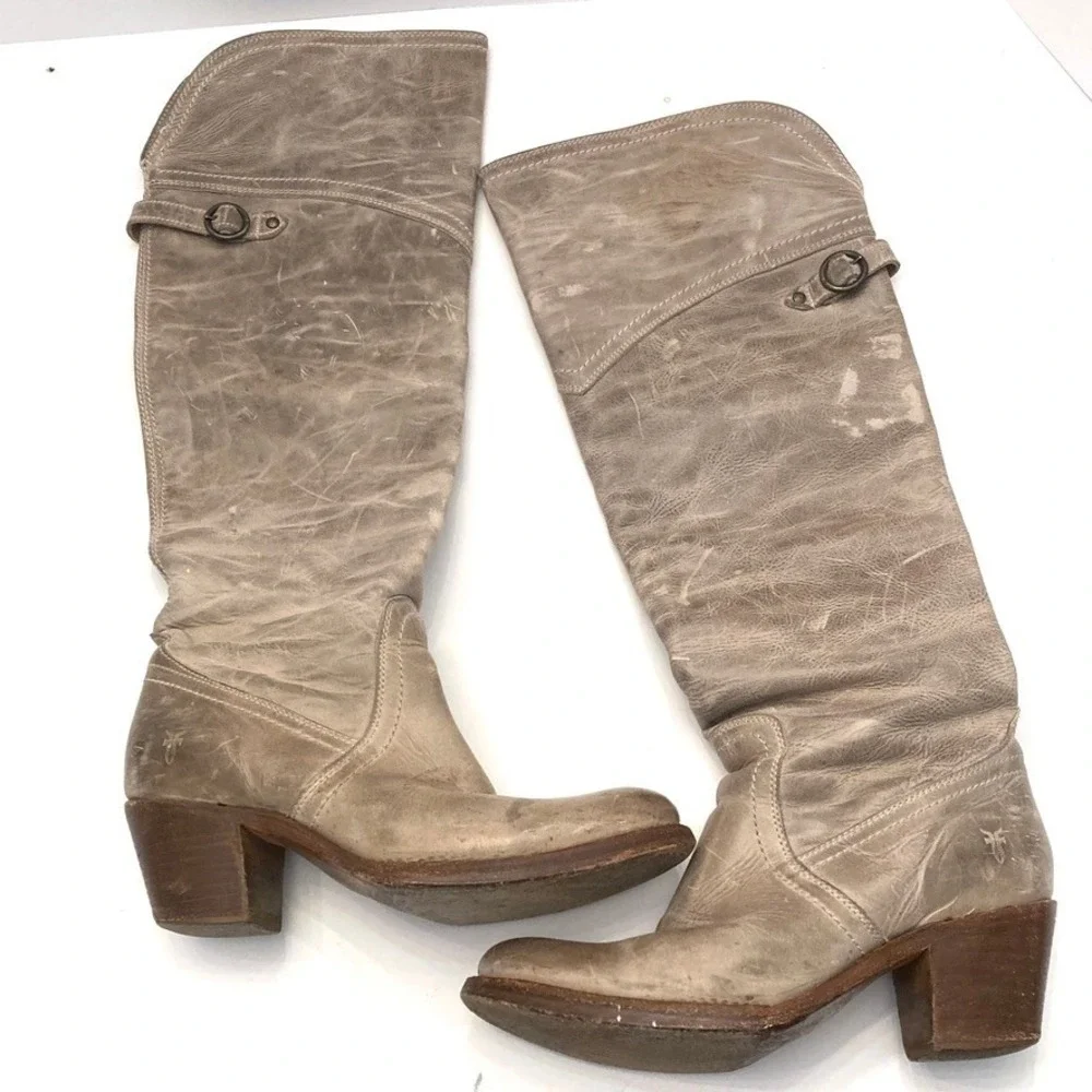 Frye Jane Leather Boots Distressed Taupe Womens 6B‎ 77594 Fold Over Cuff OTK